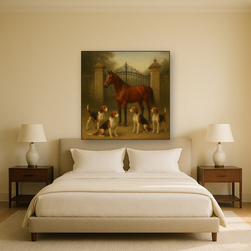 Hunting Hounds & Thoroughbred by Estate Gate No. 4 Oil Painting Staged Above Master Bed in Bedroom, Calming Neutral Hand Painted Oil Art