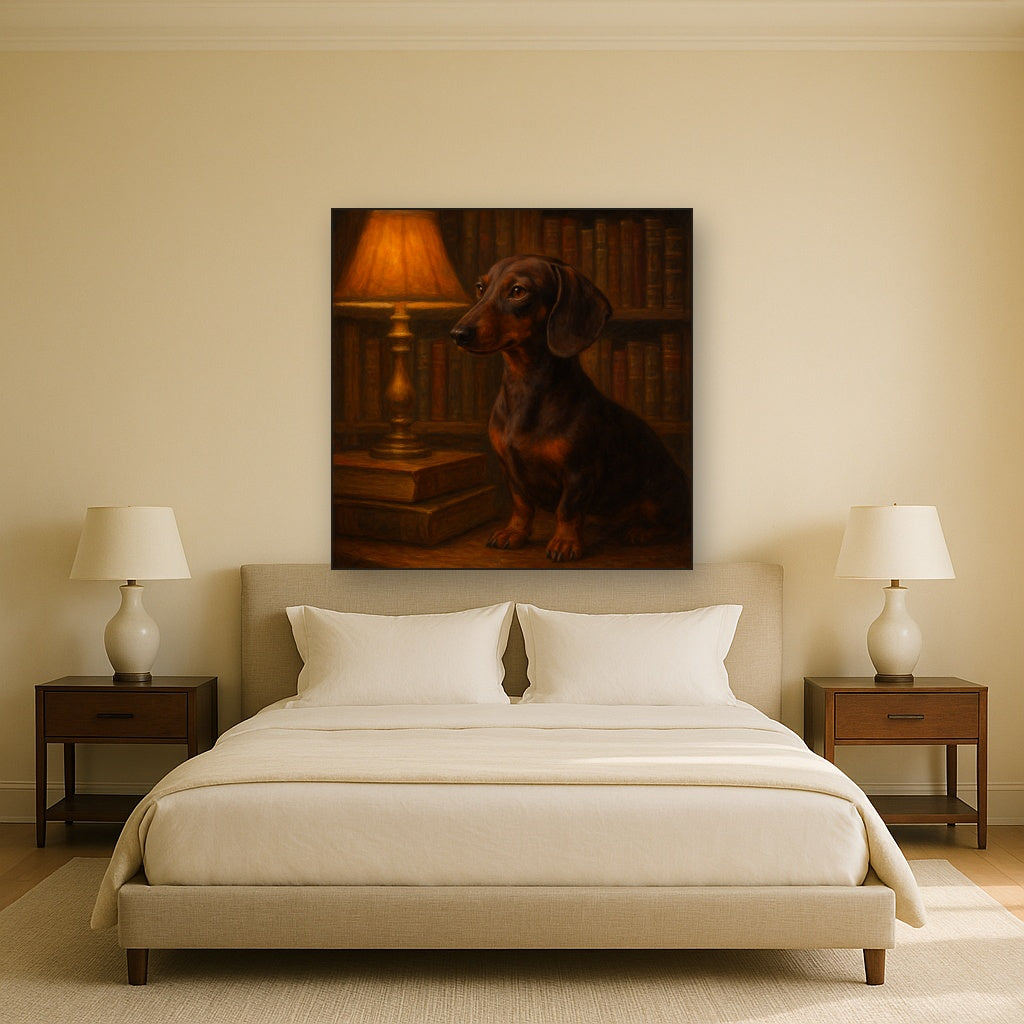 Smooth Dachshund in Moody Library Study No. 10 Fine Art Oil Painting - View 3