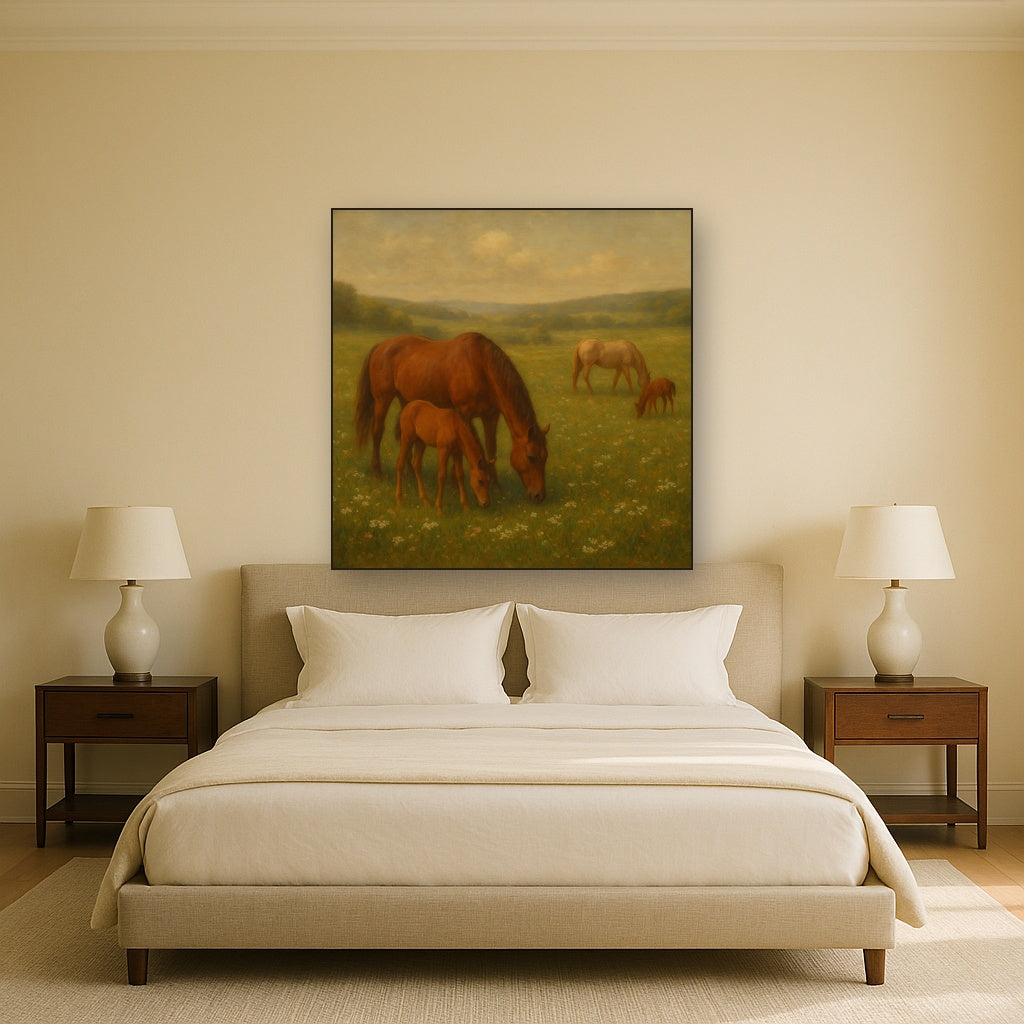 Mares & Foals Grazing in Rolling Meadow No. 4 Oil Painting Staged Above Master Bed in Bedroom, Calming Neutral Hand Painted Oil Art