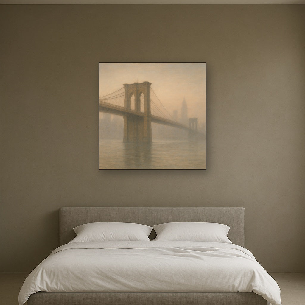 Brooklyn Bridge in Morning River Mist Oil Painting - View 3
