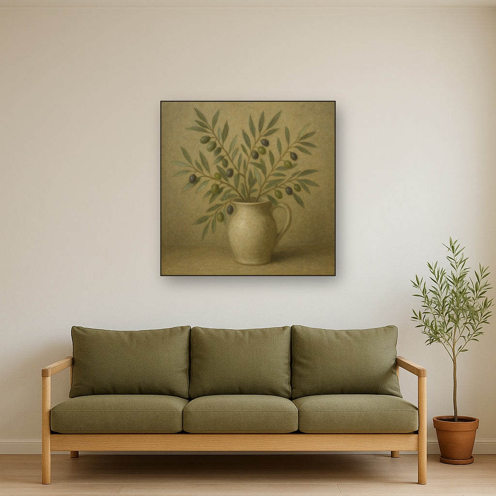 Wild Olive Sprigs in Stoneware Pitcher Oil Painting - View 3