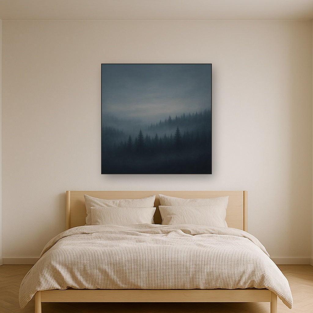 Dusk over Silent Pine Ridgeline in Charcoal Fog No. 20 Oil Painting Staged Above Master Bed in Bedroom, Calming Neutral Hand Painted Oil Art