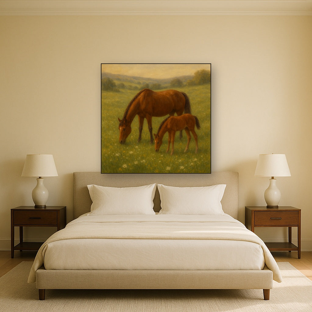 Mares & Foals Grazing in Rolling Meadow No. 18 Oil Painting - View 3