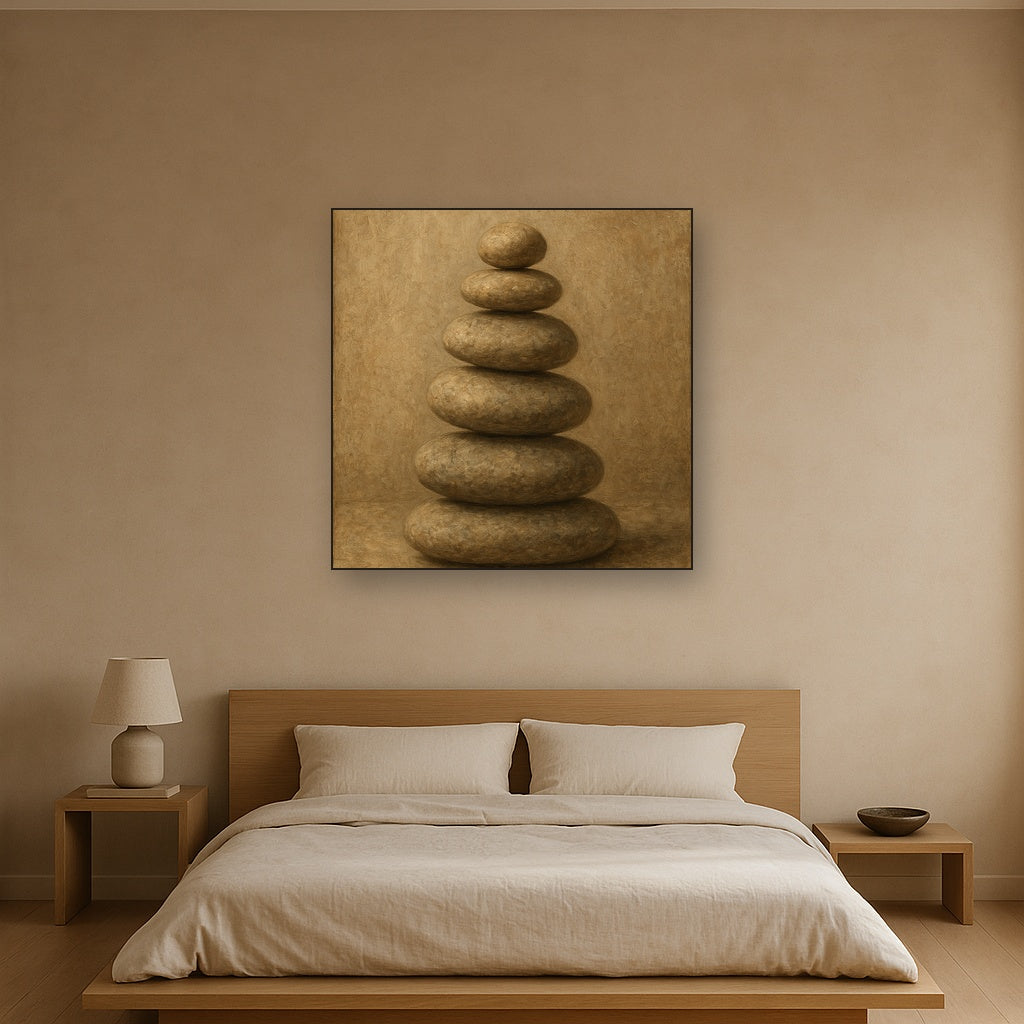 Stacked River Cairn Wabi-Sabi Oil Painting - Styled in Master Bedroom