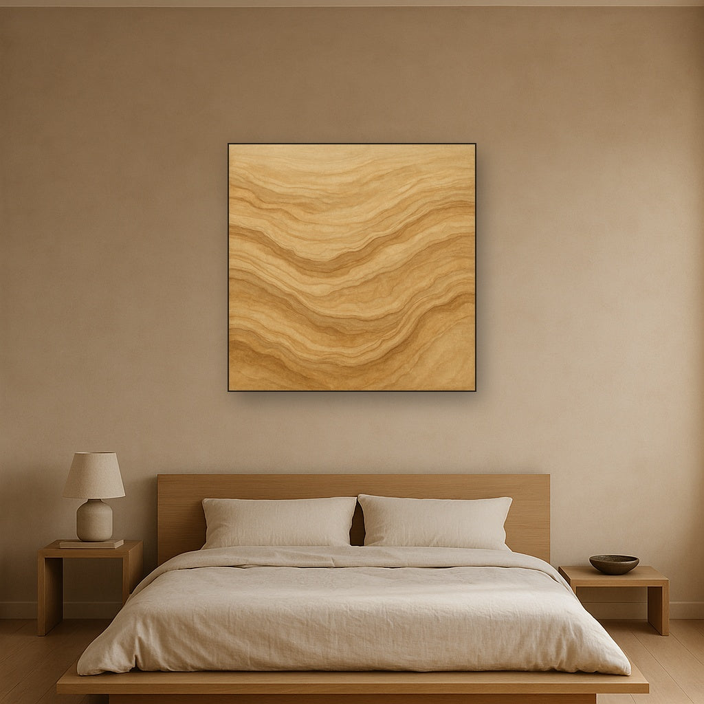 Weathered Mineral Sediments in Warm Ecru No. 7 Oil Painting Staged Above Master Bed in Bedroom, Calming Neutral Hand Painted Oil Art