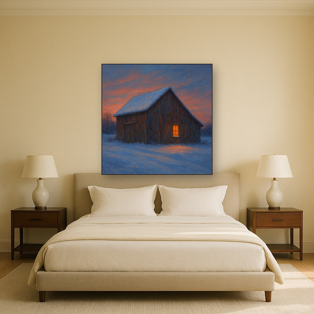 Rustic Wooden Barn in Quiet Winter Twilight No. 8 Fine Art Oil Painting - View 3