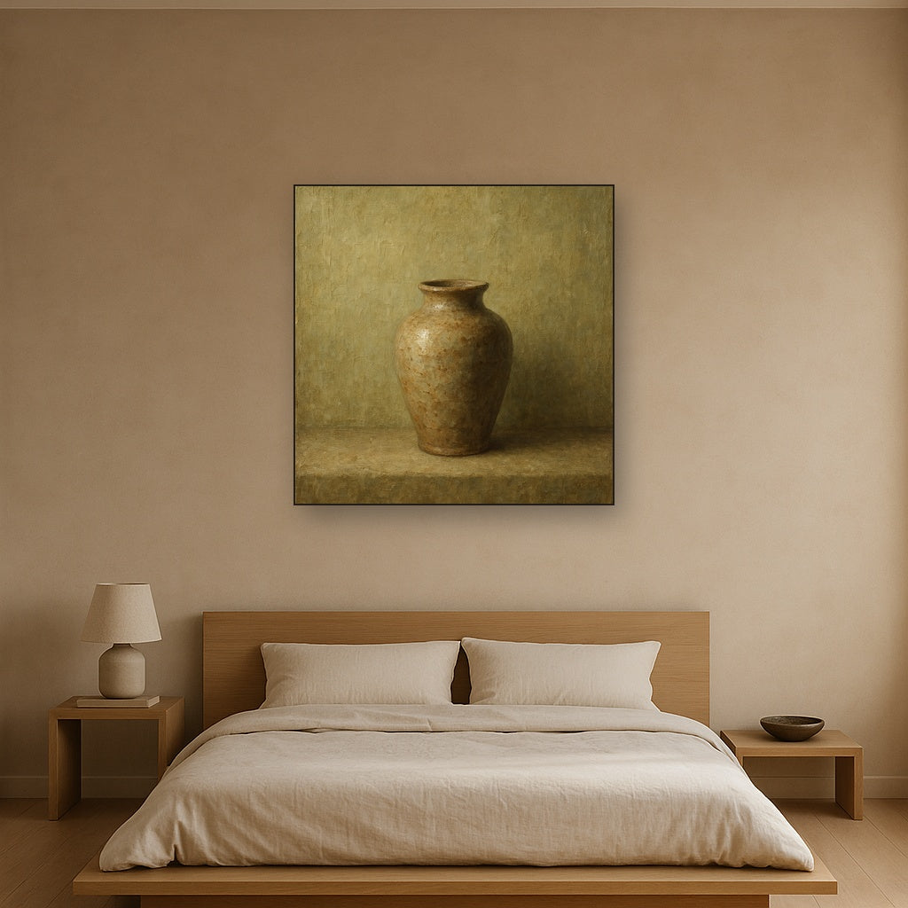 Earthen Ceramic Vessel Minimalist Oil Painting - Styled in Master Bedroom