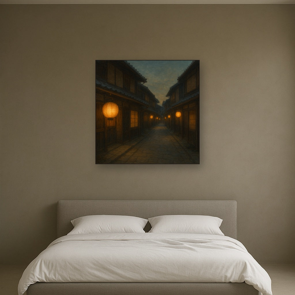 Old Kyoto Gion Alley in Soft Lantern Light No. 27 Oil Painting Staged Above Master Bed in Bedroom, Calming Neutral Hand Painted Oil Art