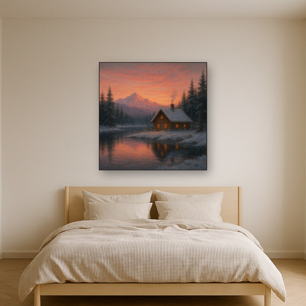 Winter Solstice Mountain Cabin Reflection Oil Painting - View 3