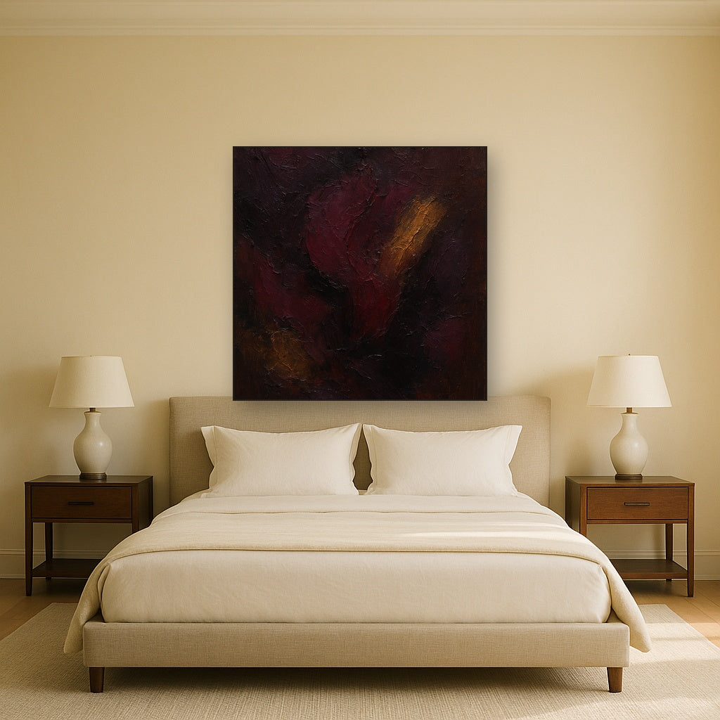 Rich Burgundy Plum & Velvet Amber No. 4 Oil Painting - Styled in Master Bedroom
