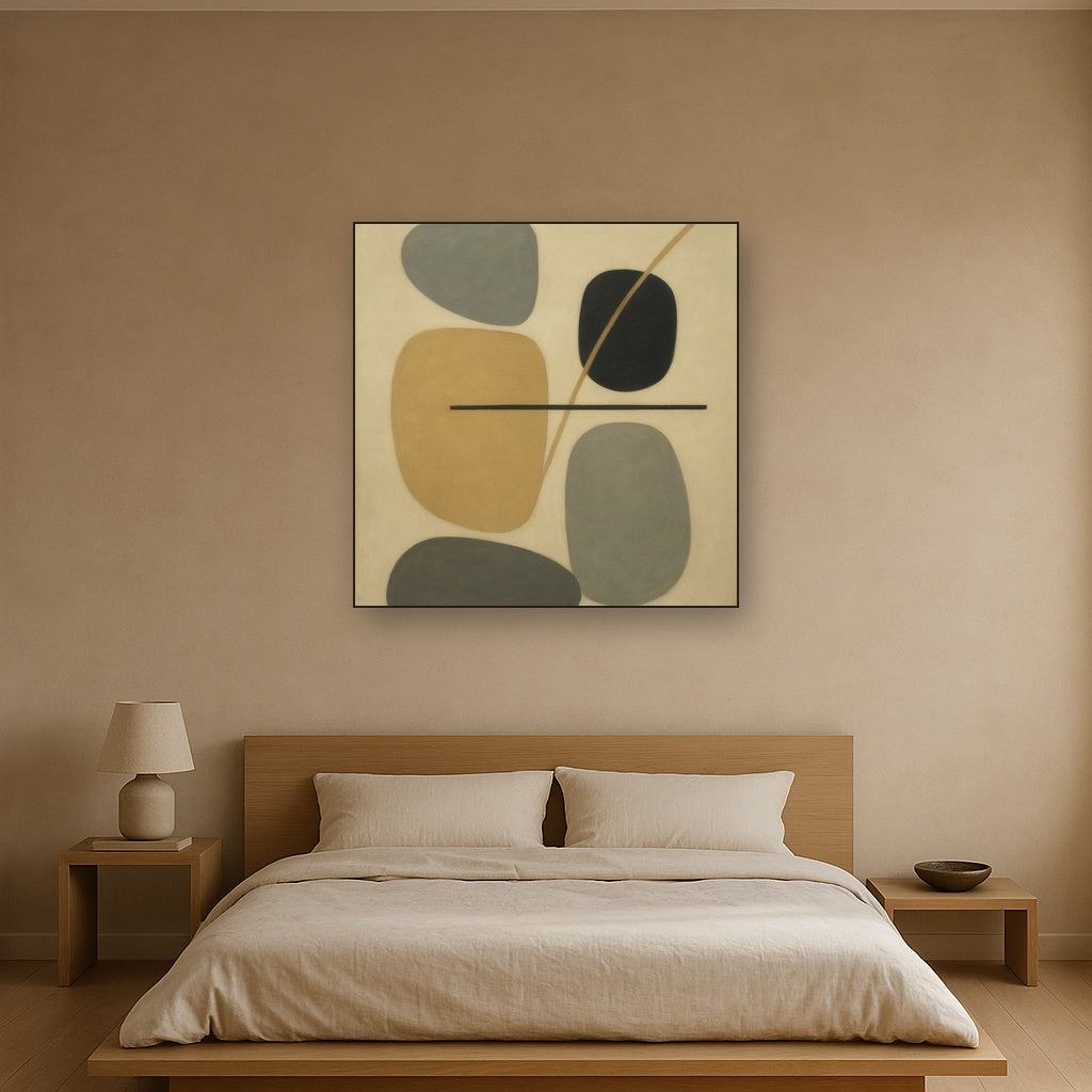 Organic Pebble Contours & Slanted Lines No. 22 Oil Painting Staged Above Master Bed in Bedroom, Calming Neutral Hand Painted Oil Art