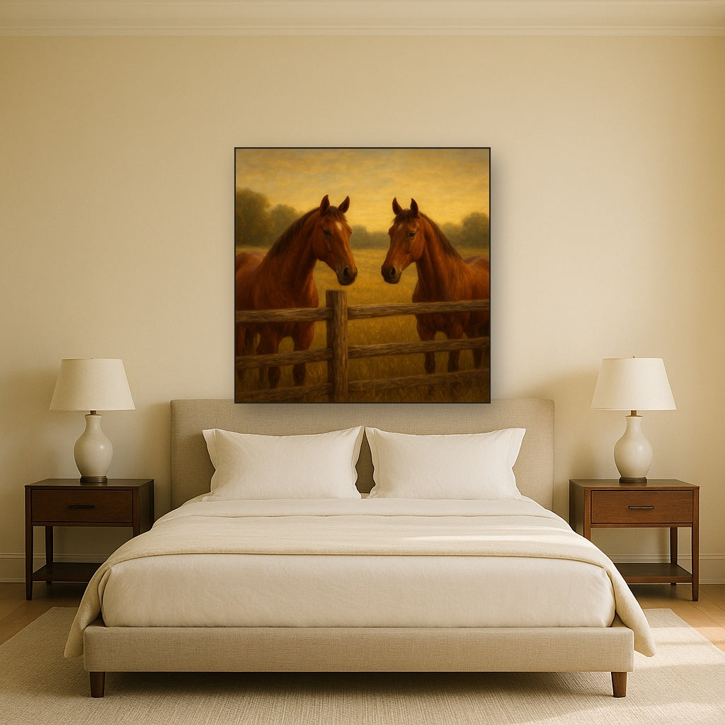 Two Horses at Rustic Post & Rail Fence No. 4 Oil Painting Staged Above Master Bed in Bedroom, Calming Neutral Hand Painted Oil Art