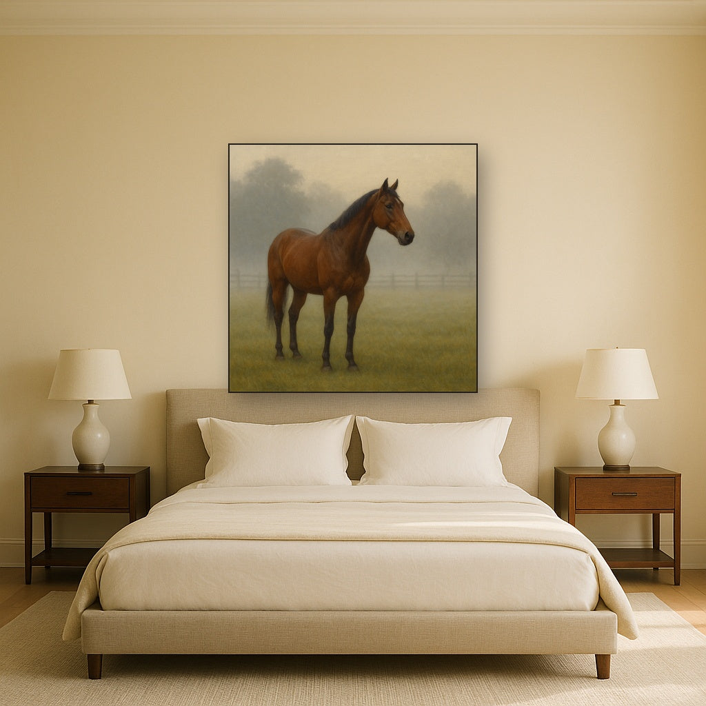 Thoroughbred in Morning Pasture Mist No. 19 Oil Painting Staged Above Master Bed in Bedroom, Calming Neutral Hand Painted Oil Art