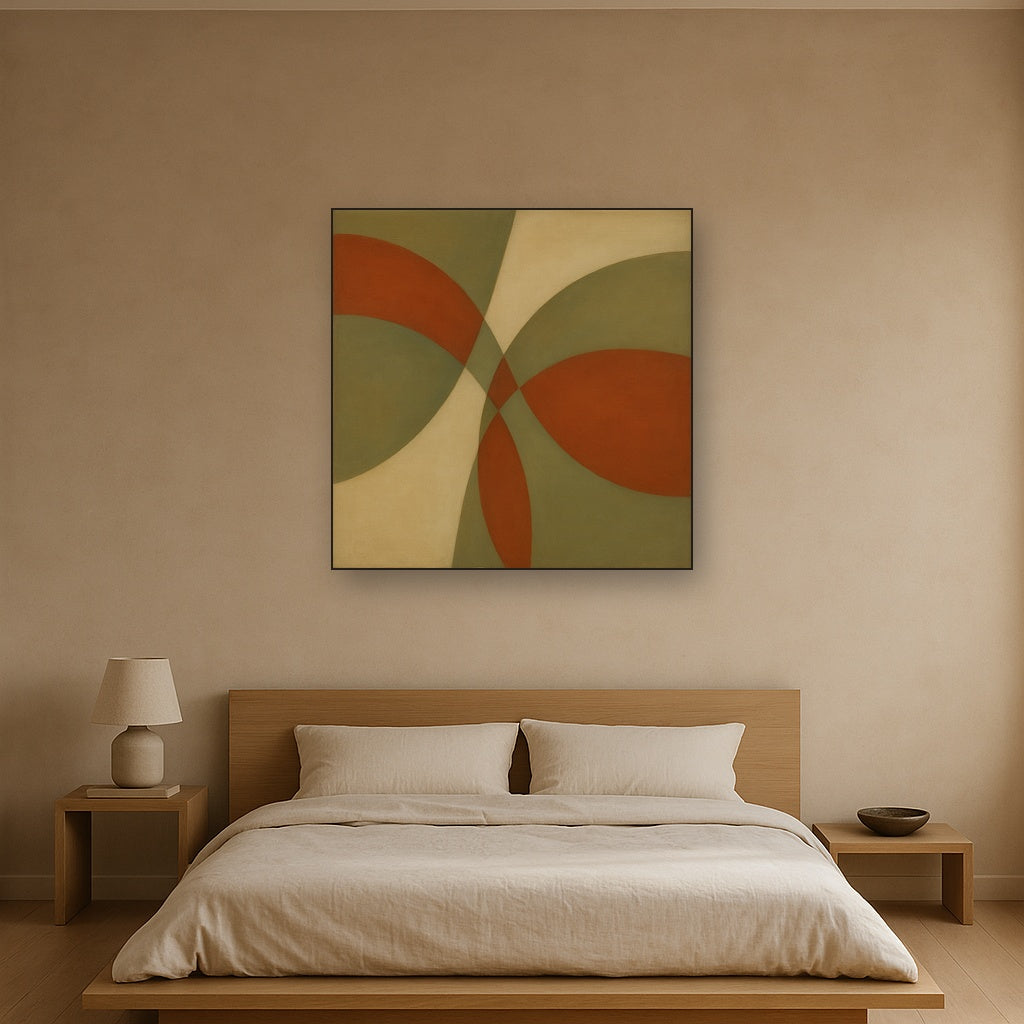 Intersecting Curved Forms in Olive & Rust No. 8 Oil Painting Staged Above Master Bed in Bedroom, Calming Neutral Hand Painted Oil Art