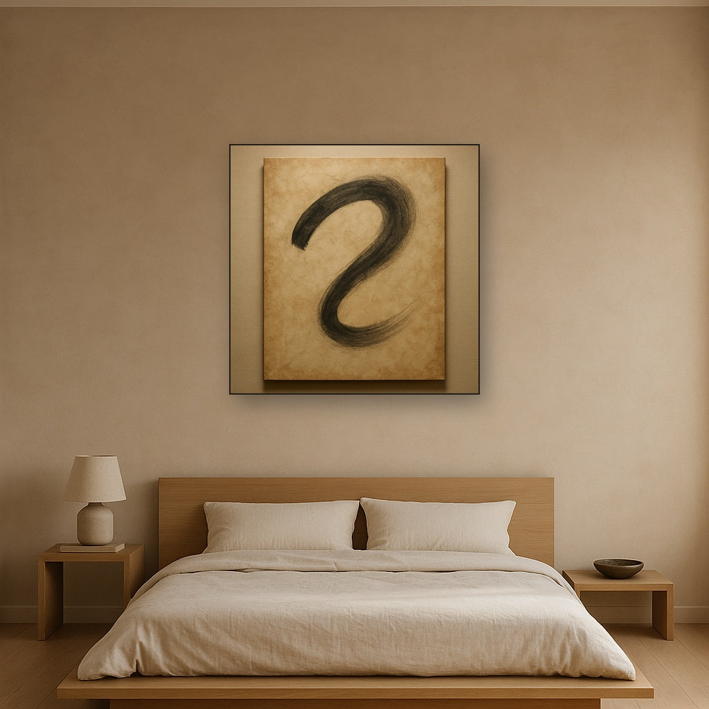 Aged Rice Paper & Charcoal Calligraphic Balance No. 19 Oil Painting Staged Above Master Bed in Bedroom, Calming Neutral Hand Painted Oil Art