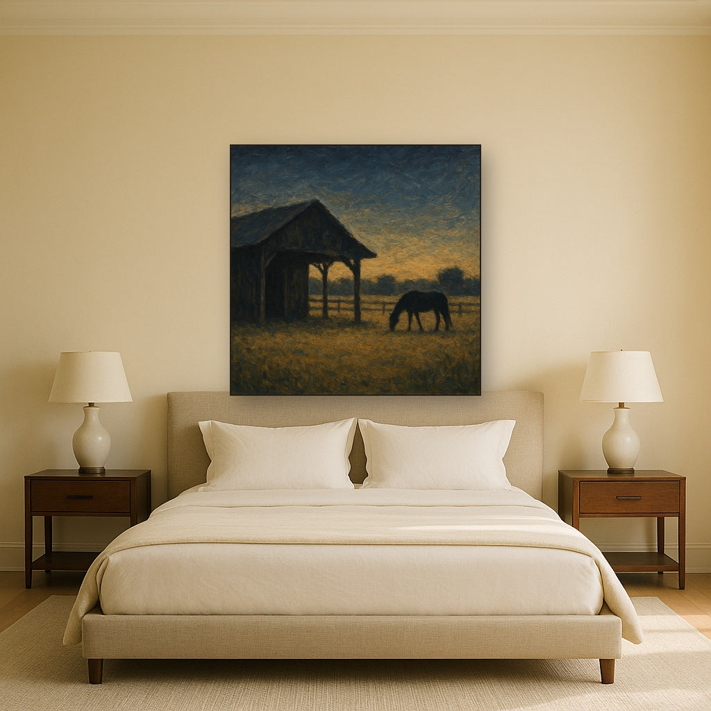 Rustic Equestrian Stable Silhouette Oil Painting - Styled in Master Bedroom
