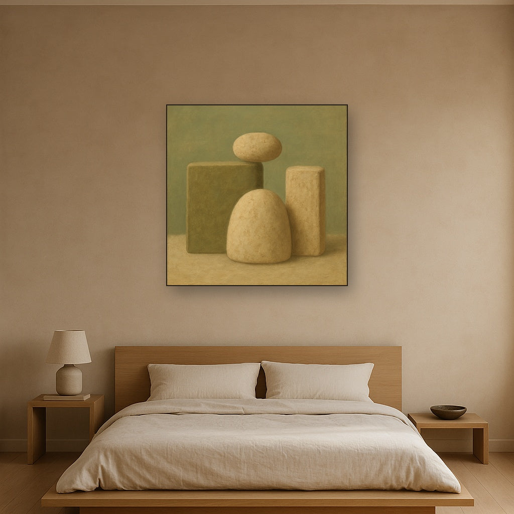 Muted Olive & Sandstone Geometric Balance No. 15 Oil Painting Staged Above Master Bed in Bedroom, Calming Neutral Hand Painted Oil Art