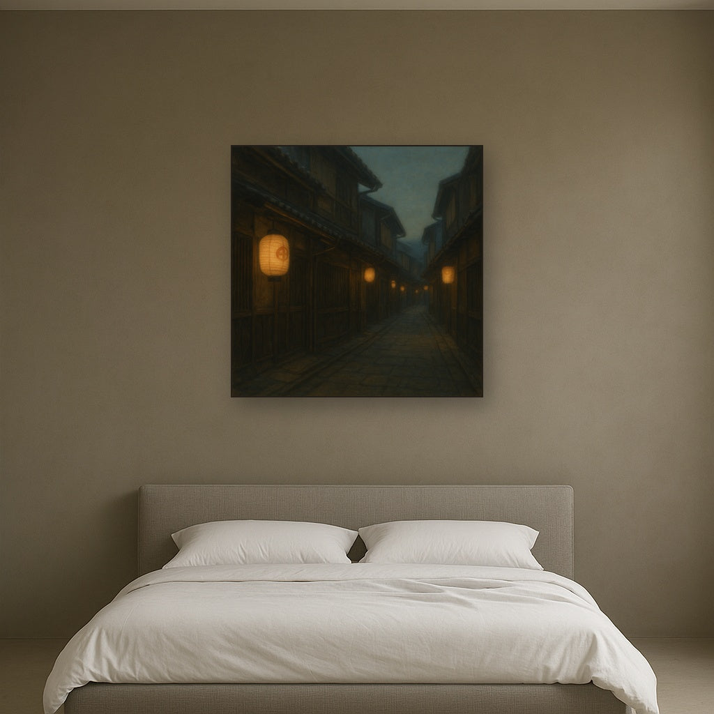 Old Kyoto Gion Alley in Soft Lantern Light No. 24 Oil Painting Staged Above Master Bed in Bedroom, Calming Neutral Hand Painted Oil Art