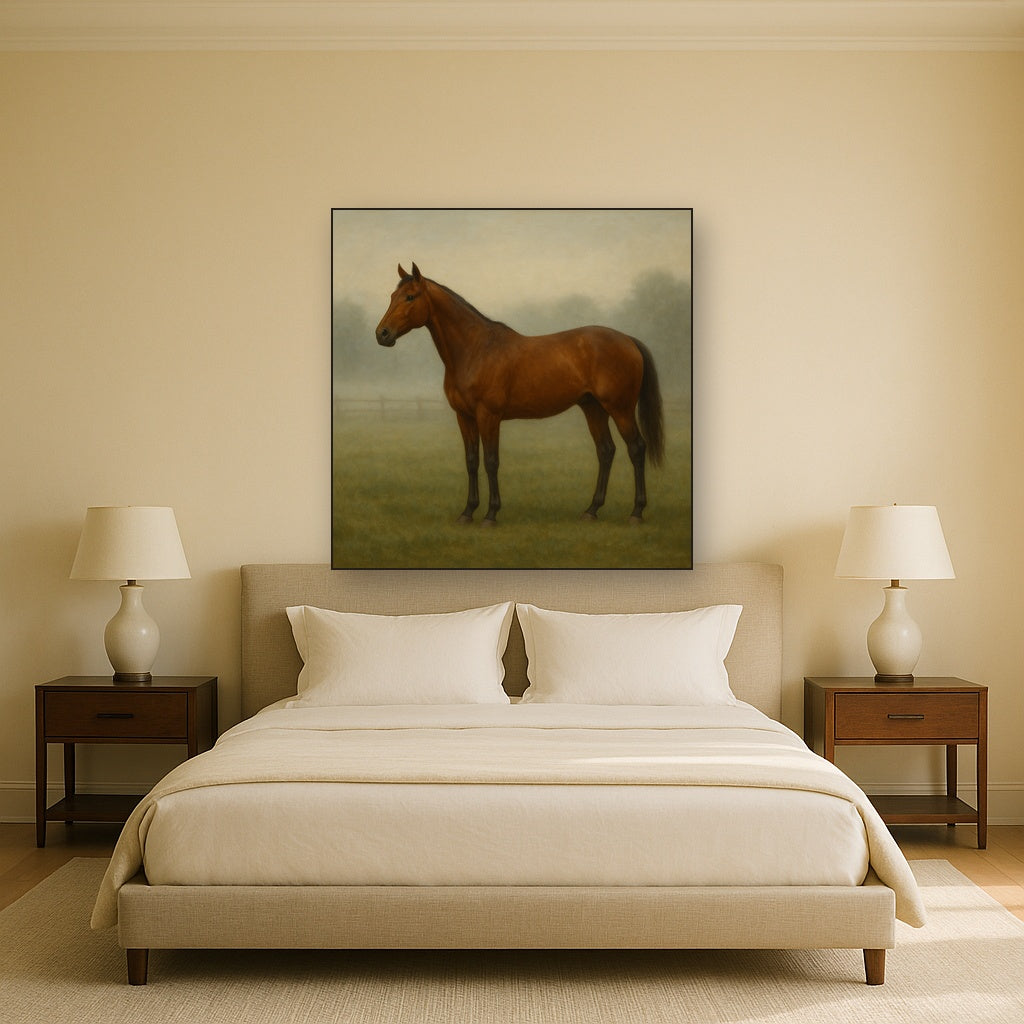 Thoroughbred in Morning Pasture Mist No. 12 Oil Painting - View 3