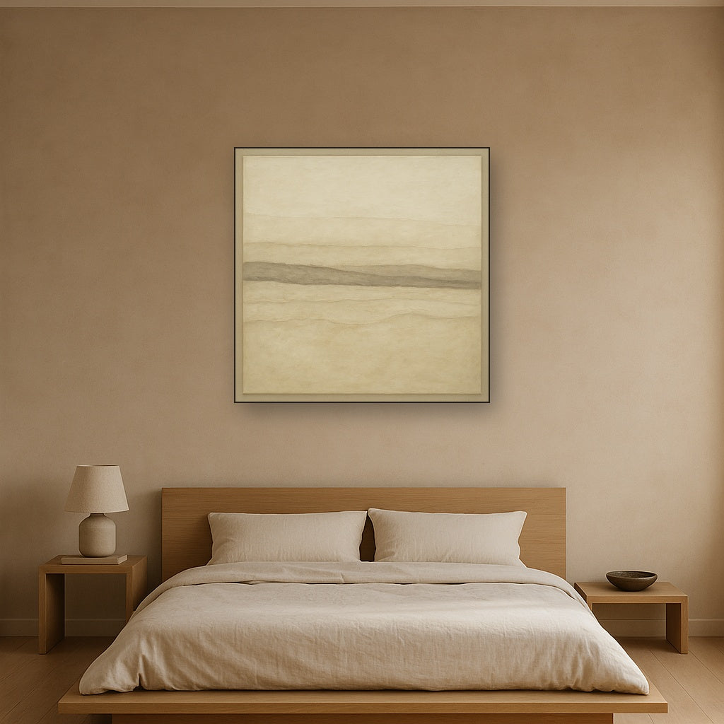 Raw Limestone Horizon & Washed Linen No. 3 Oil Painting Staged Above Master Bed in Bedroom, Calming Neutral Hand Painted Oil Art