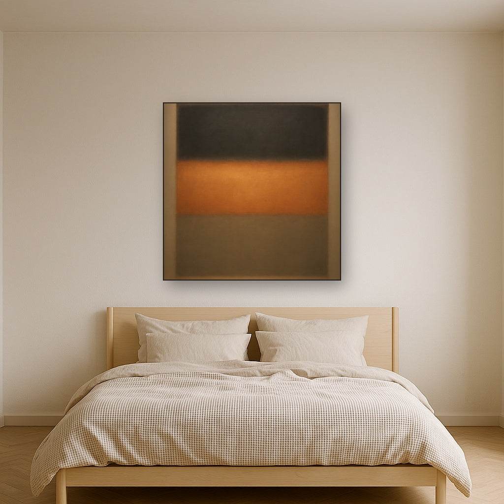 Charcoal Slate & Burnished Copper Horizon No. 23 Oil Painting Staged Above Master Bed in Bedroom, Calming Neutral Hand Painted Oil Art