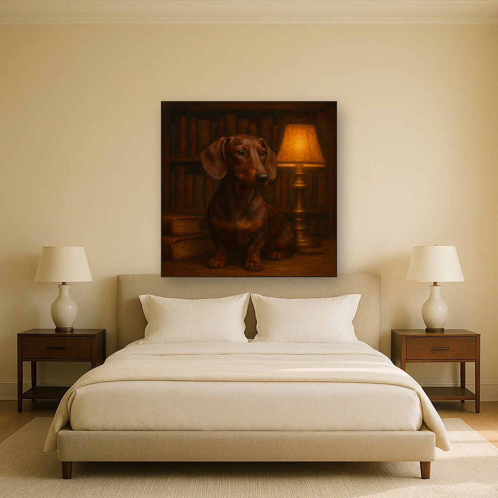 Smooth Dachshund in Moody Library Study Fine Art Oil Painting - View 3