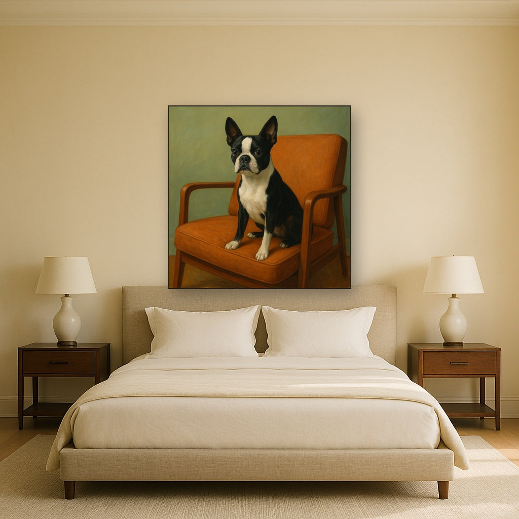 Boston Terrier in Warm Mid-Century Armchair No. 13 Fine Art Oil Painting - View 3