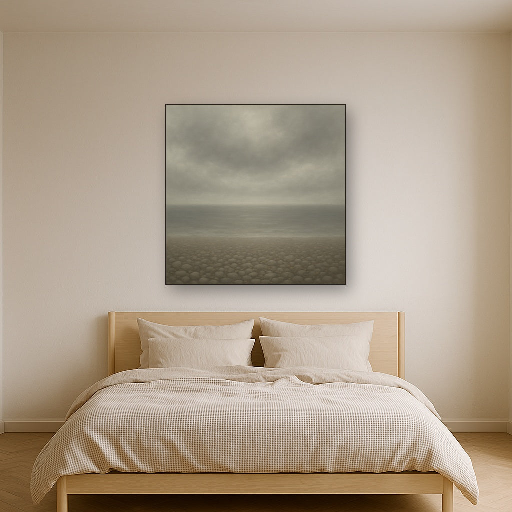 Overcast Coastal Fog & Wet Pebble Shingle No. 15 Oil Painting Staged Above Master Bed in Bedroom, Calming Neutral Hand Painted Oil Art