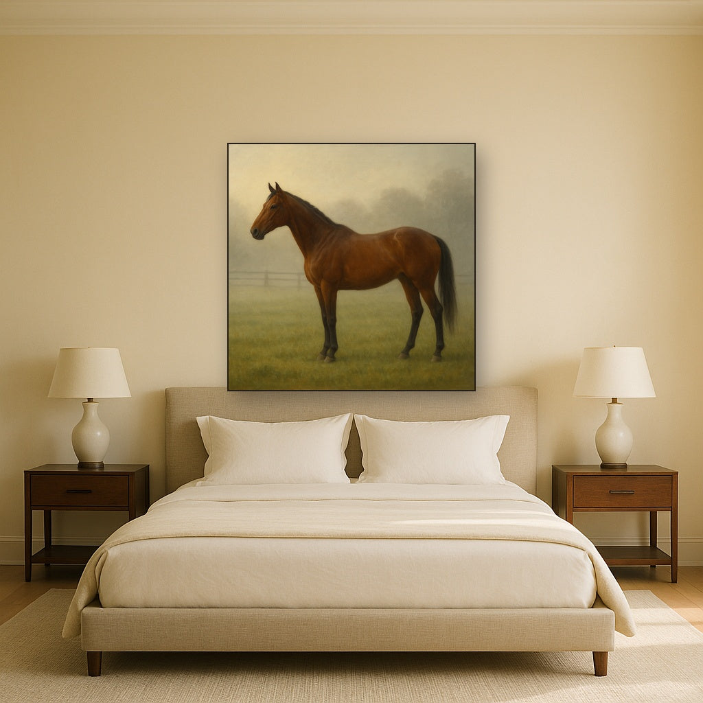 Thoroughbred in Morning Pasture Mist No. 10 Oil Painting - View 3