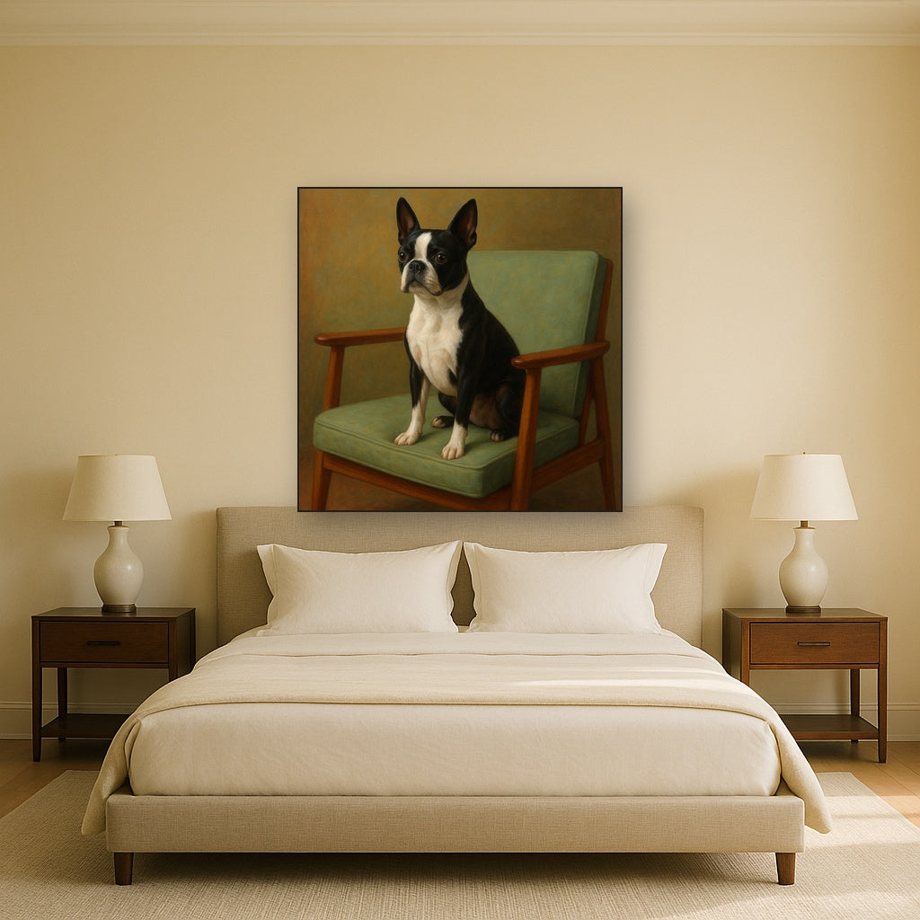 Boston Terrier in Warm Mid-Century Armchair No. 2 Fine Art Oil Painting - View 3