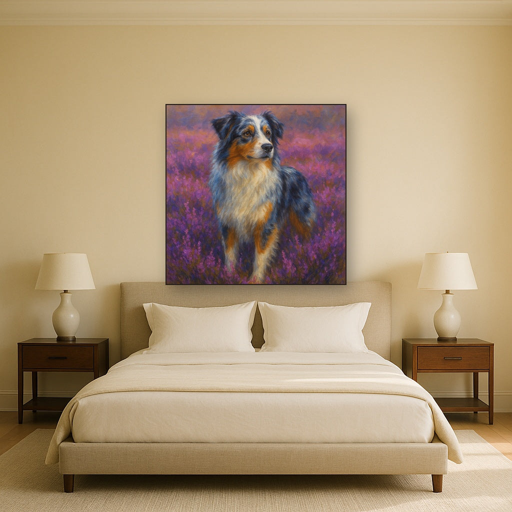 Australian Shepherd in Blooming Heather Field No. 11 Fine Art Oil Painting - View 3