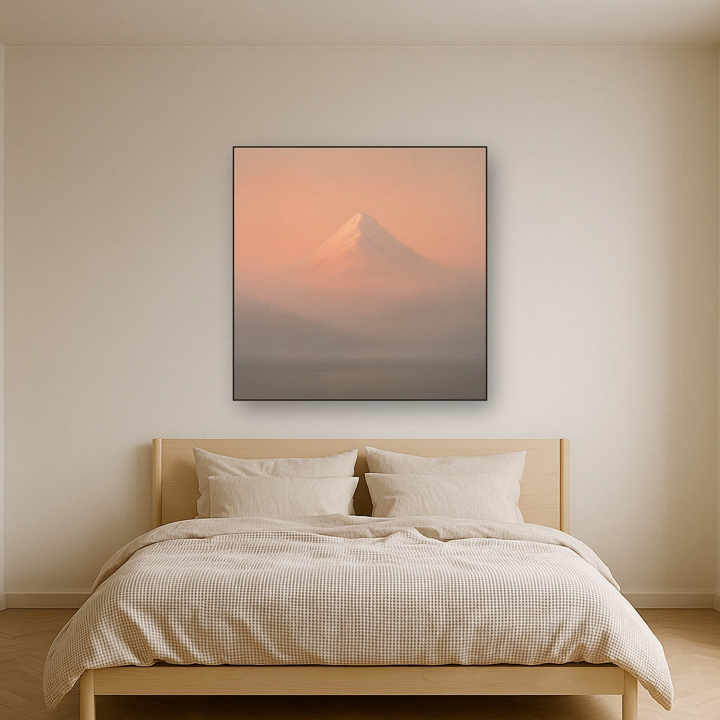 Pale Alpenglow over Distant Glacial Peak No. 24 Oil Painting Staged Above Master Bed in Bedroom, Calming Neutral Hand Painted Oil Art