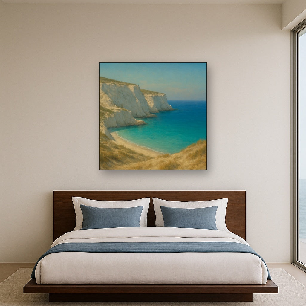 Mediterranean White Cliffs & Turquoise Cove No. 16 Oil Painting Staged Above Master Bed in Bedroom, Calming Neutral Hand Painted Oil Art