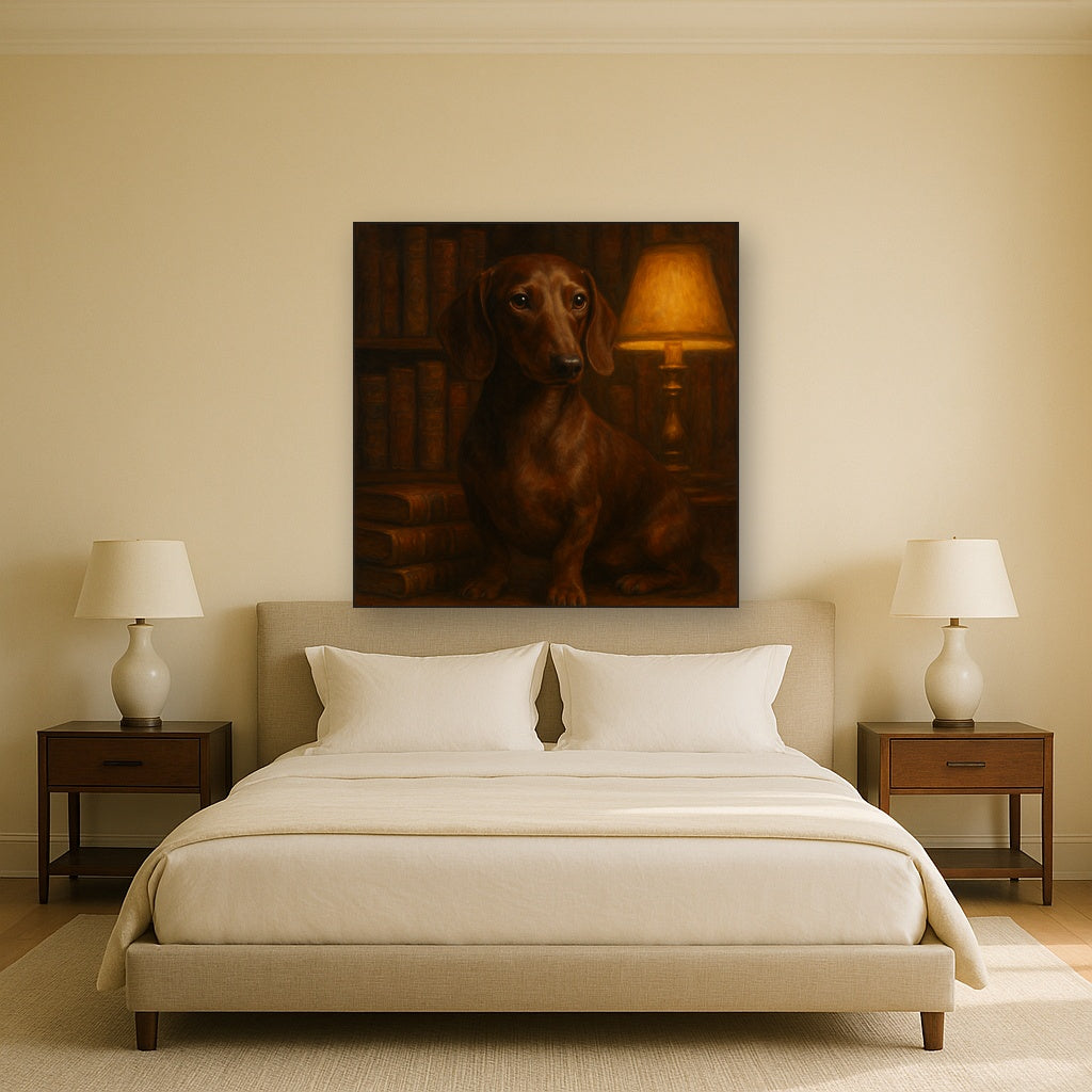 Smooth Dachshund in Moody Library Study No. 3 Fine Art Oil Painting - View 3