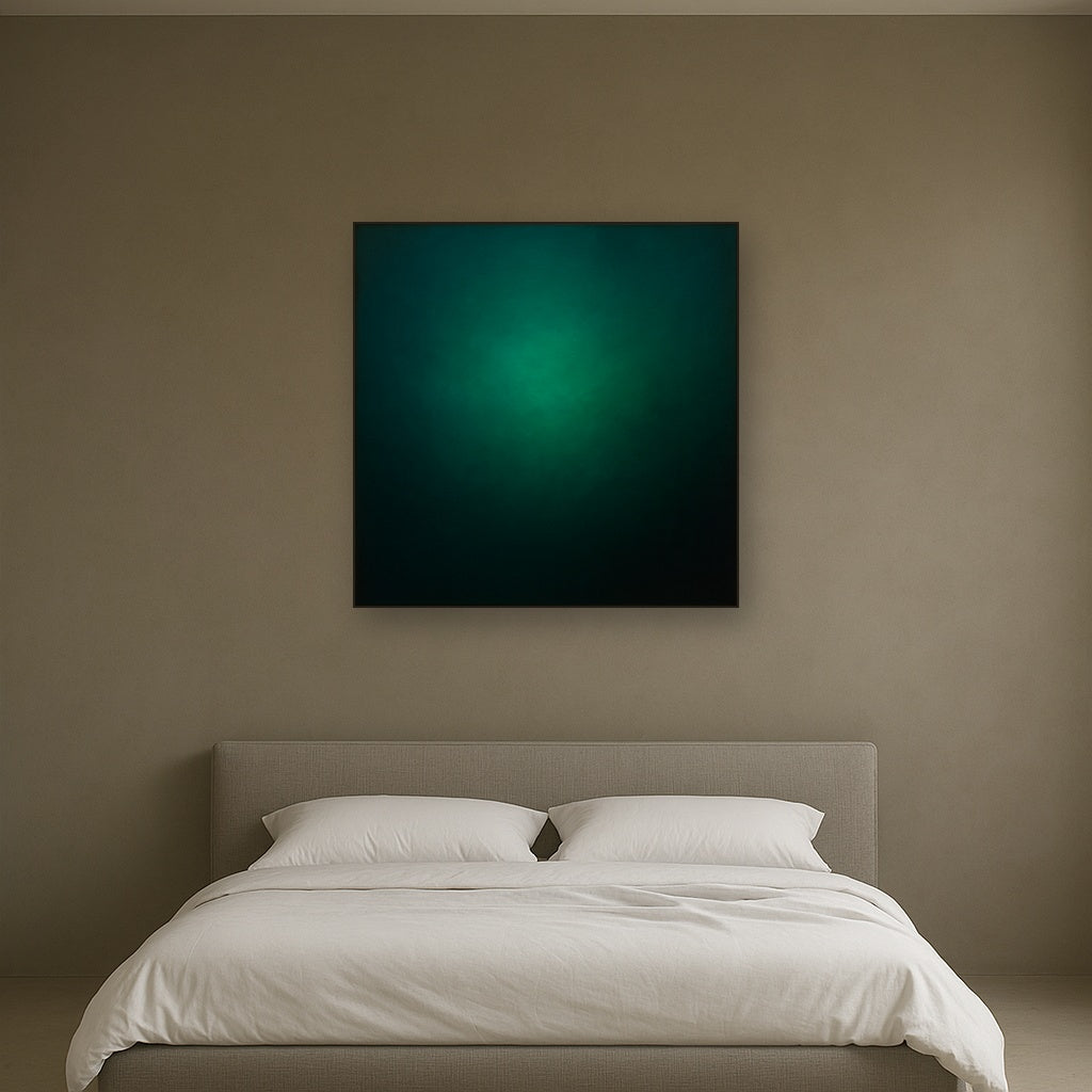Midnight Teal & Deep Malachite Gradient No. 16 Oil Painting Staged Above Master Bed in Bedroom, Calming Neutral Hand Painted Oil Art