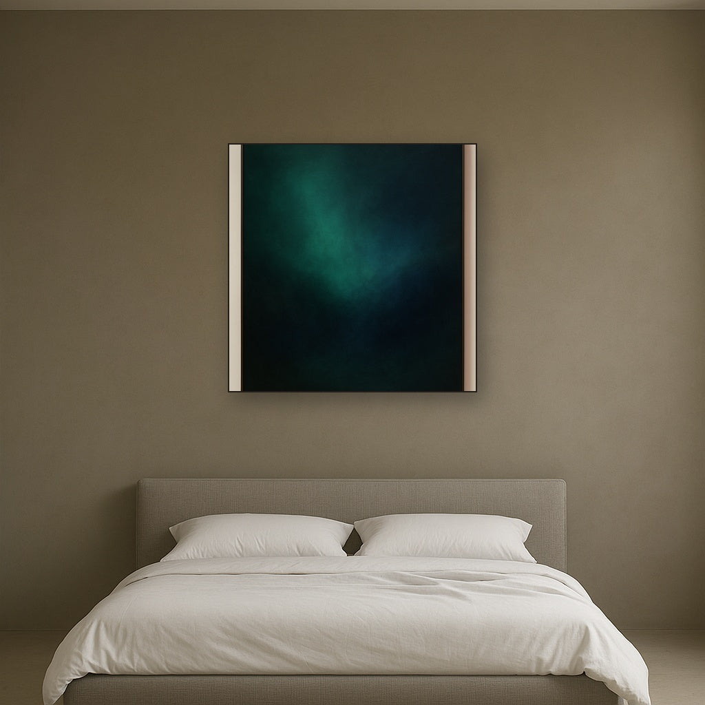 Emerald & Midnight Sapphire Sfumato Immersion No. 17 Oil Painting Staged Above Master Bed in Bedroom, Calming Neutral Hand Painted Oil Art