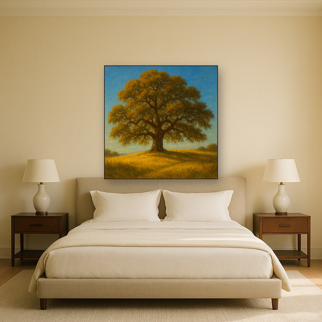 Old Oak Tree on Sunlit Meadow Ridge Fine Art Oil Painting - View 3