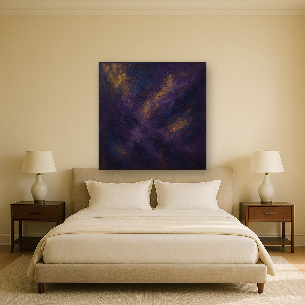 Amethyst Shadow & Celestial Gold No. 4 Oil Painting - Styled in Master Bedroom