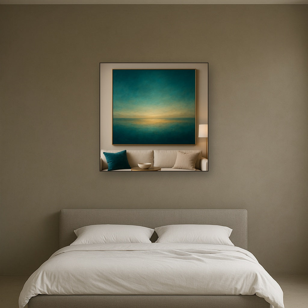 Peacock Teal & Champagne Gold Horizon No. 18 Oil Painting Staged Above Master Bed in Bedroom, Calming Neutral Hand Painted Oil Art