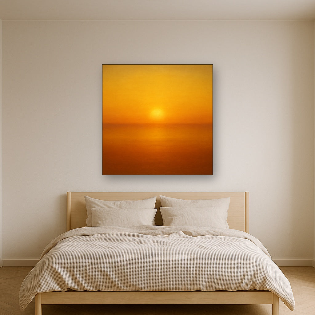 Warm Amber & Raw Sienna Sunset Meditation No. 5 Oil Painting Staged Above Master Bed in Bedroom, Calming Neutral Hand Painted Oil Art
