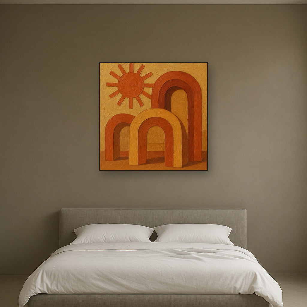 Mid-Century Terracotta Sun & Arches No. 2 Oil Painting - Styled in Master Bedroom