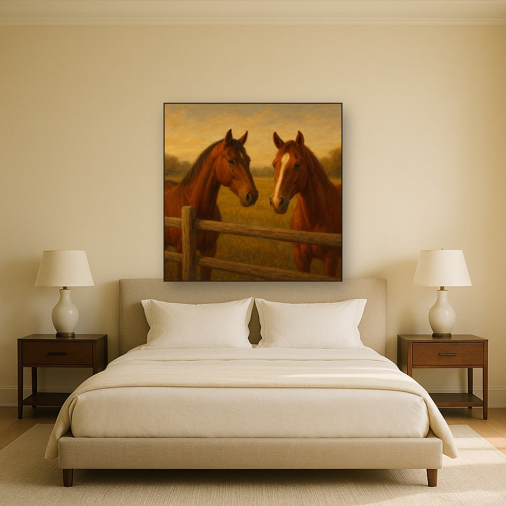 Two Horses at Rustic Post & Rail Fence No. 7 Oil Painting - View 3