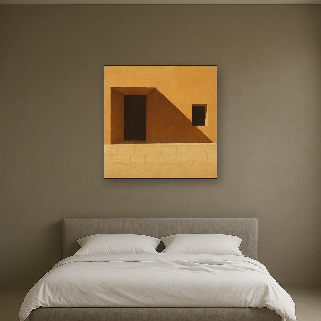 Minimalist Facade & Shadow Architectural Oil Painting - Styled in Master Bedroom
