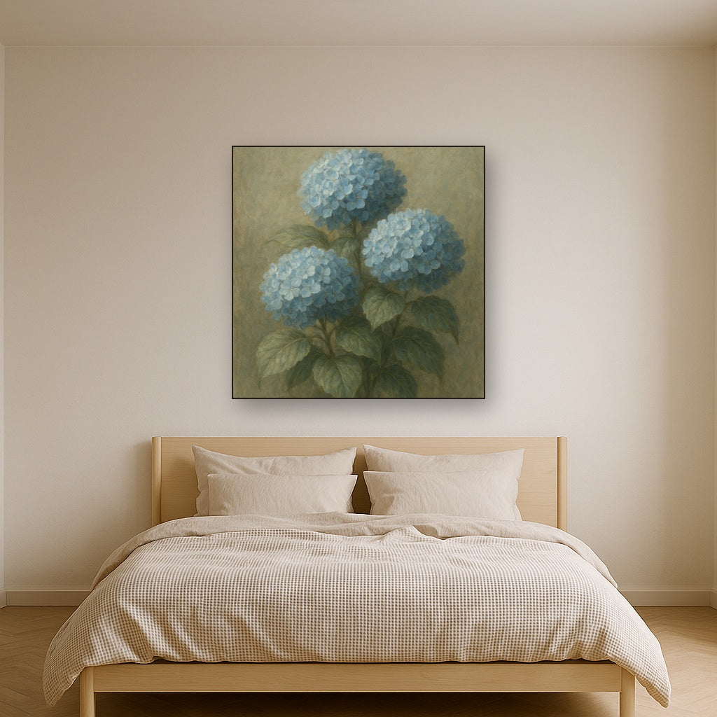 Hydrangea Trio in Dusty Blue & Antiqued Sage Fine Art Oil Painting - View 3