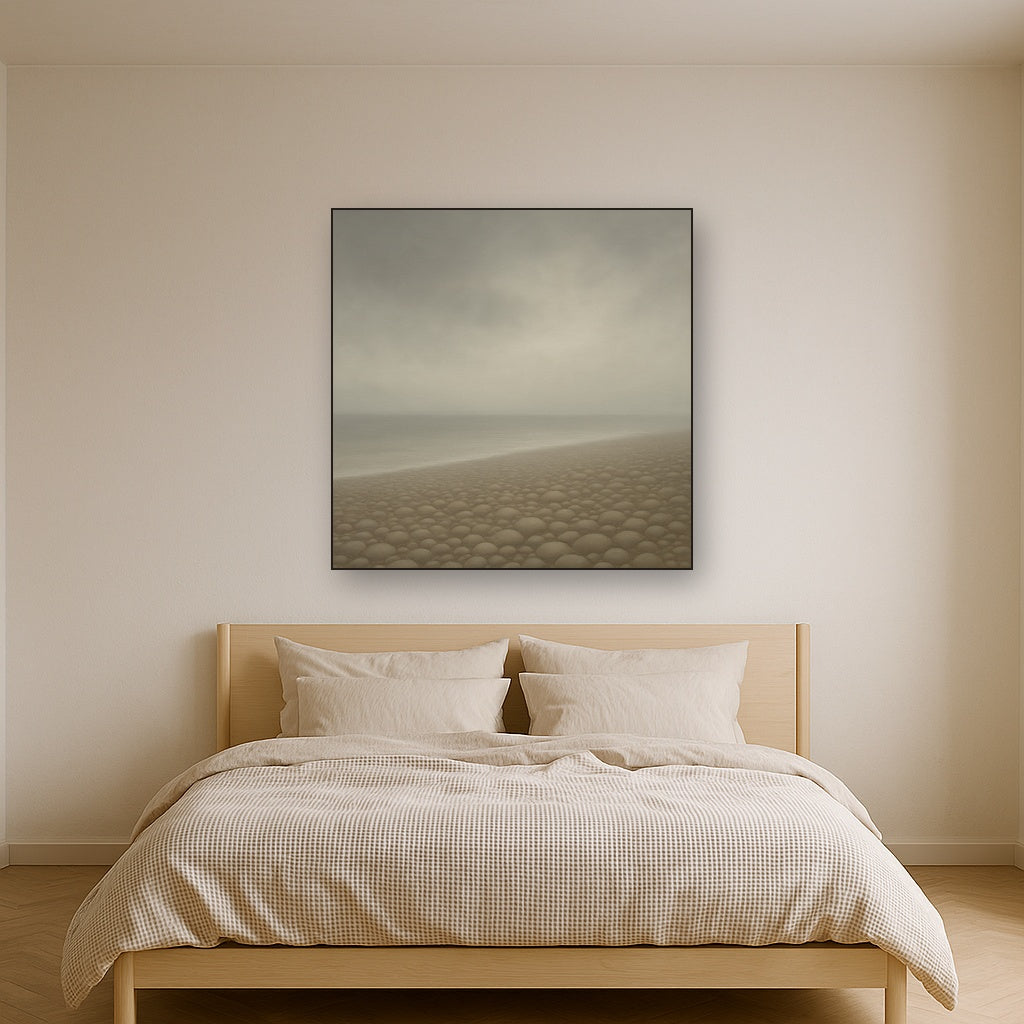 Overcast Coastal Fog & Wet Pebble Shingle No. 21 Oil Painting Staged Above Master Bed in Bedroom, Calming Neutral Hand Painted Oil Art