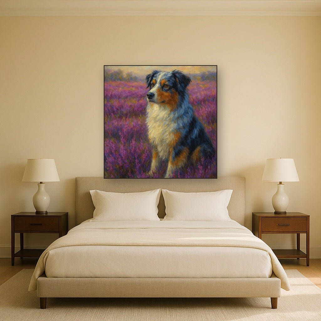 Australian Shepherd in Blooming Heather Field No. 9 Fine Art Oil Painting - View 3