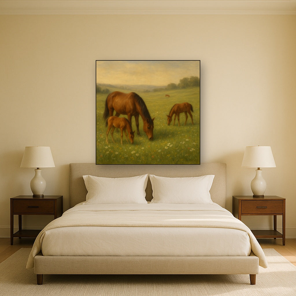 Mares & Foals Grazing in Rolling Meadow No. 9 Oil Painting - View 3