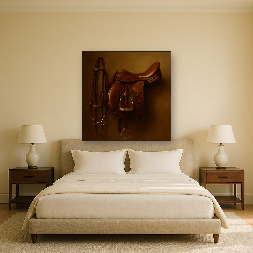 Vintage Bridle & Polished Leather Saddle No. 8 Oil Painting Staged Above Master Bed in Bedroom, Calming Neutral Hand Painted Oil Art