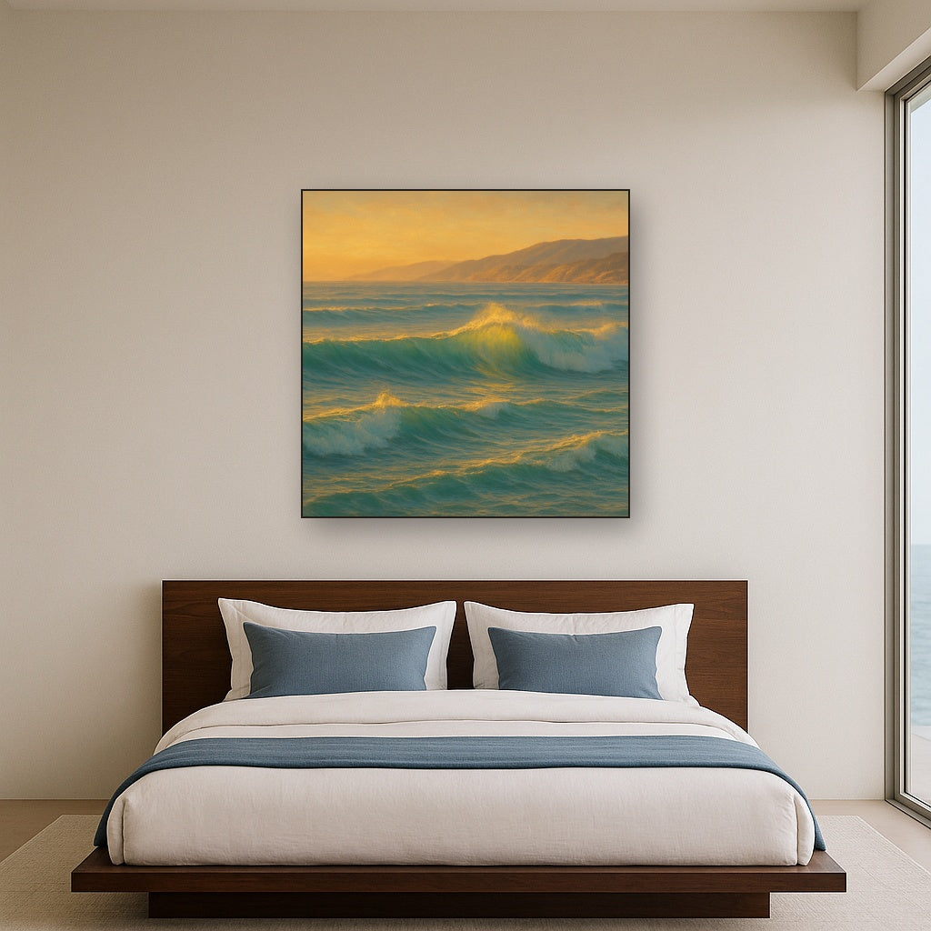 Golden Hour Sunlight on Ocean Swells No. 14 Oil Painting Staged Above Master Bed in Bedroom, Calming Neutral Hand Painted Oil Art