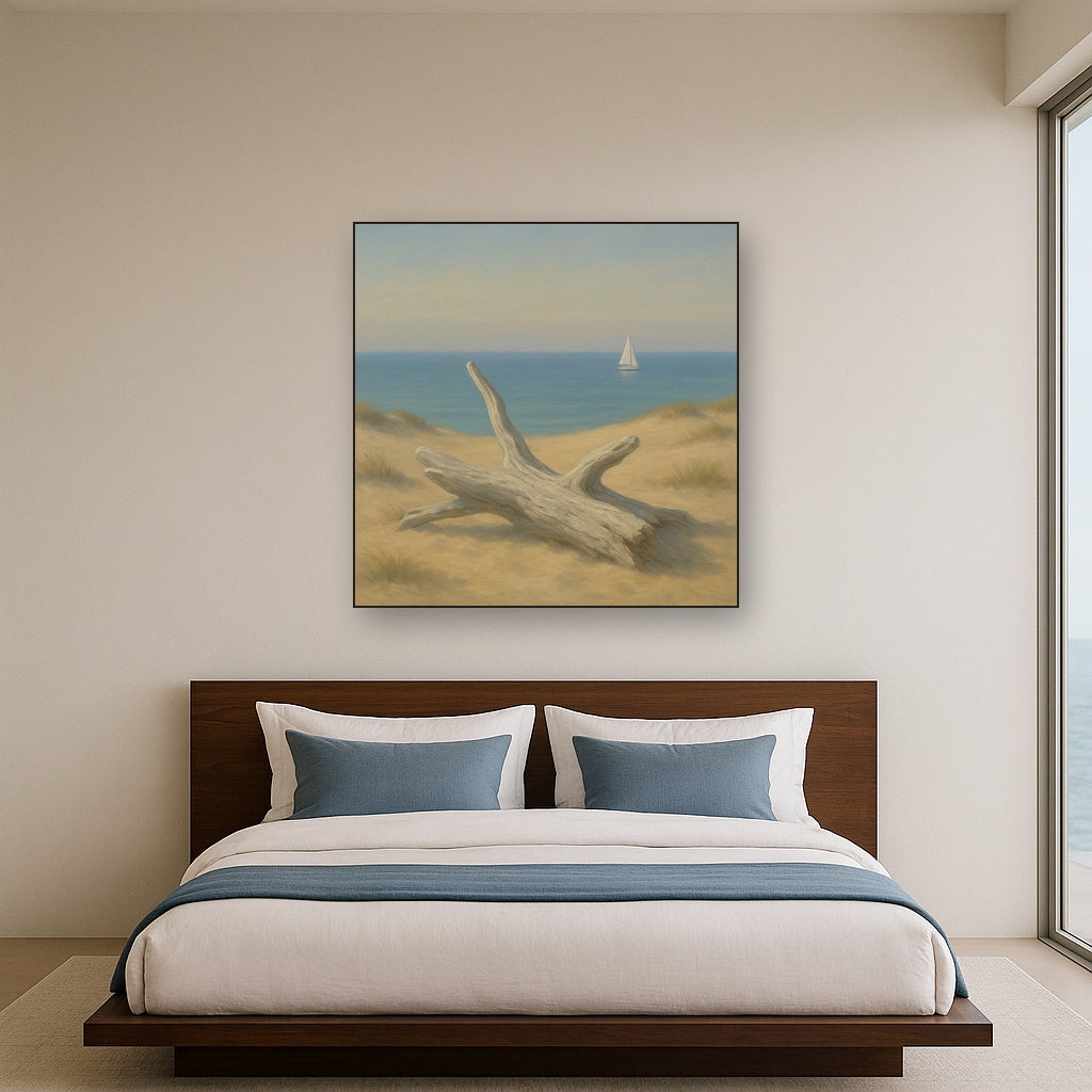Sun-Bleached Driftwood & Distant Sailboat No. 10 Oil Painting Staged Above Master Bed in Bedroom, Calming Neutral Hand Painted Oil Art